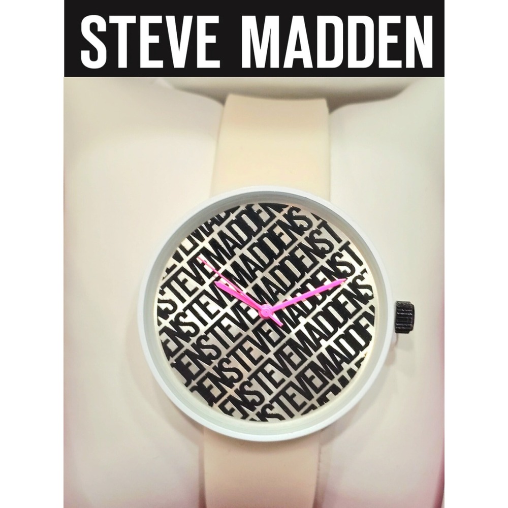 Steve Madden Logo Crazy Silicone Watch- White w/Pink Dial